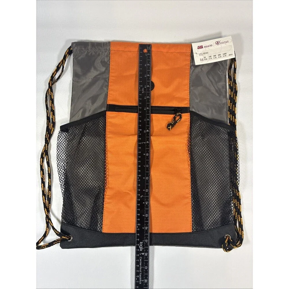CMBags Orange Gray Drawstring Backpack Cinch Sack Mesh Pockets Front Zip Pockets